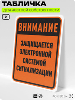 Табличка для частной территории "Внимание, защищается электронной системой сигнализации", на дом, для участка, организаций и частных территорий, 40х30 см, Silver Plane x Айдентика Технолоджи