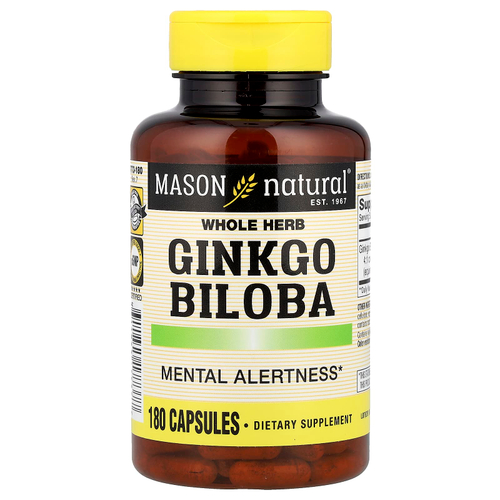 Mason Natural, цельное растение гинкго билоба, 180 капсул (125 мг в 1 капсуле)