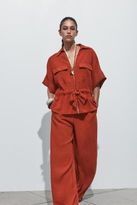 ZARA БРЮКИ WIDE-LEG В СТИЛЕ РУСТИК, ТЕРРАКОТОВЫЙ