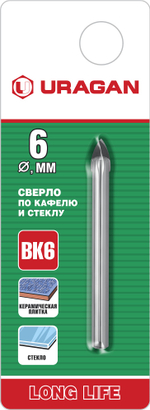 URAGAN 6 мм, 2х кромка, цилиндр хвостовик, Сверло по стеклу и кафелю (29830-06)