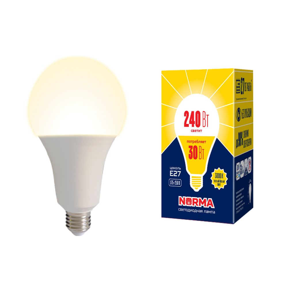 LED-A95-30W/3000K/E27/FR/NR Лампа светодиодная. Форма A, матовая. Серия Norma. Теплый белый свет (3000K). Картон. ТМ Volpe