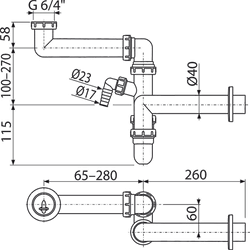 Сифон A872P для мойки экономящий пространство со штуцером и с накидной гайкой 6/4"