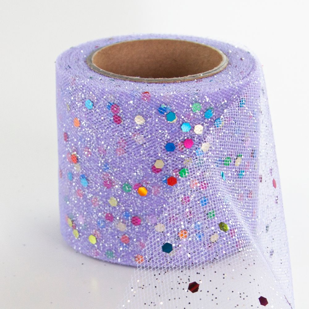 Лента (5,5 см*13,72 м) Фатин с блестками и пайетками, Фиолетовый, 1 шт.