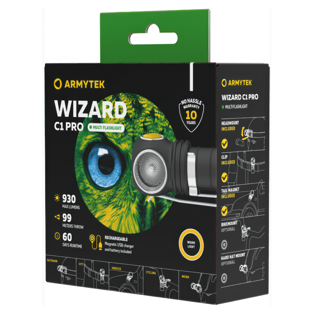 Налобный фонарь Armytek Wizard C1 Pro Magnet USB (теплый свет) - инновационная TIR-оптика с широким углом засветки (120°/70°).