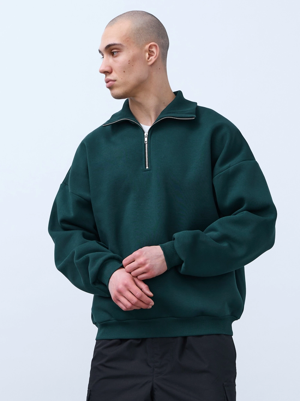 Свитшот с воротником на молнии с начесом (темно-зеленый)