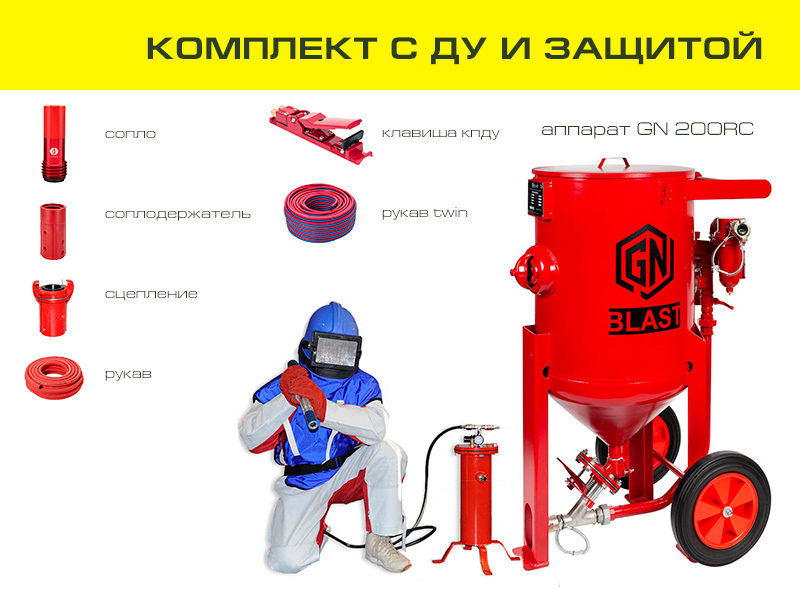Комплект пескоструйного оборудования на базе аппарата GN200RC с ДУ и СИЗ