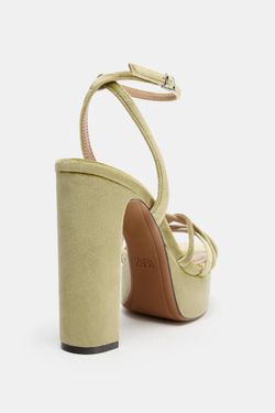 ZARA БАРХАТНЫЕ БОСОНОЖКИ НА ПЛАТФОРМЕ, ЗЕЛЕНЫЙ
