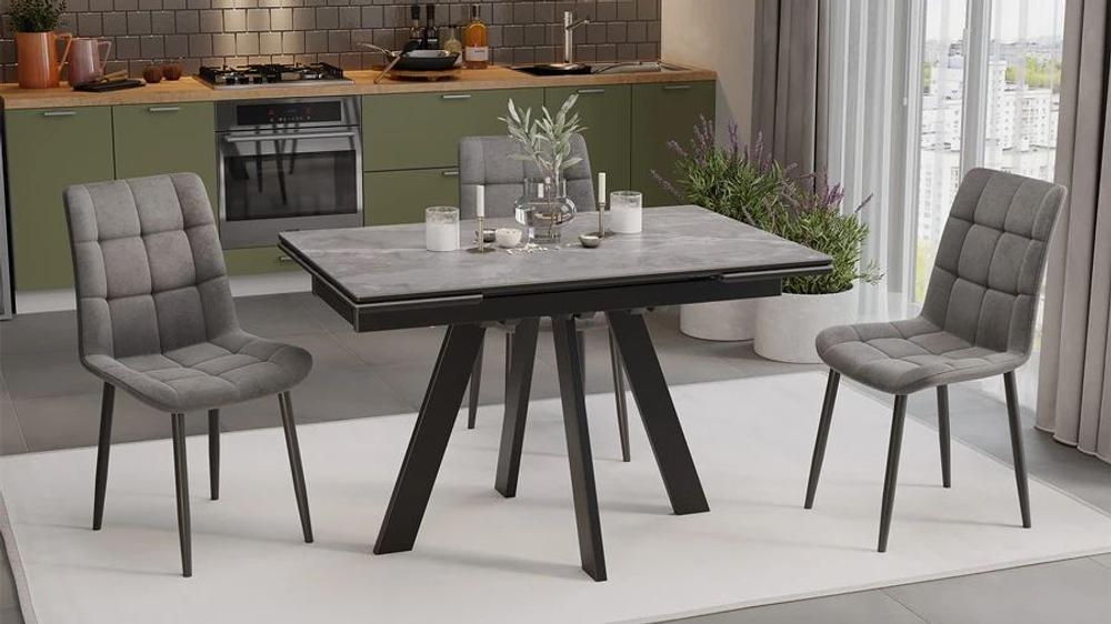 Стол кухонный обеденный раздвижной Черный муар/Керамика матовая серый мрамор 120(180)х80х77 см