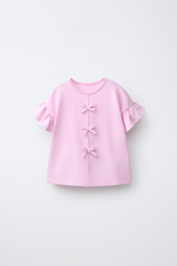 ZARA ФУТБОЛКА С БАНТАМИ И ВОЛАНАМИ, ПАСТЕЛЬНАЯ МАЛЬВА