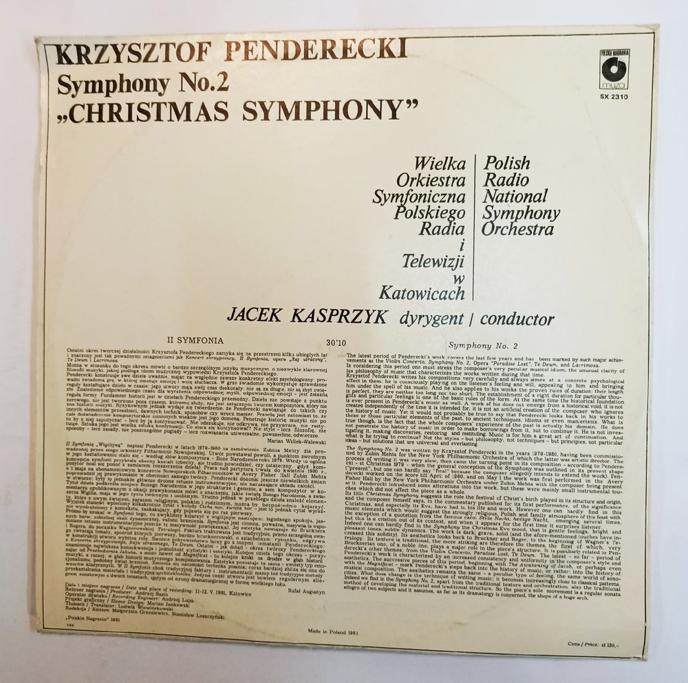 Винтажная виниловая пластинка Krzysztof Penderecki Пендерецкий Кшиштоф Polish Radio National Symphony Orchestra, Jacek Kasprzyk Symphony No. 2 Christmas Symphony (Poland 1981)