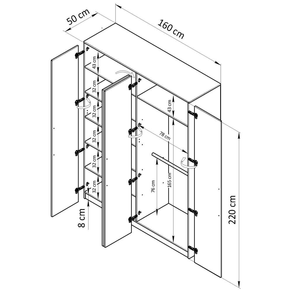 Шкаф распашной, 160х50х220, Дарни, с дубовыми ручками, четырехдверный, Dipriz