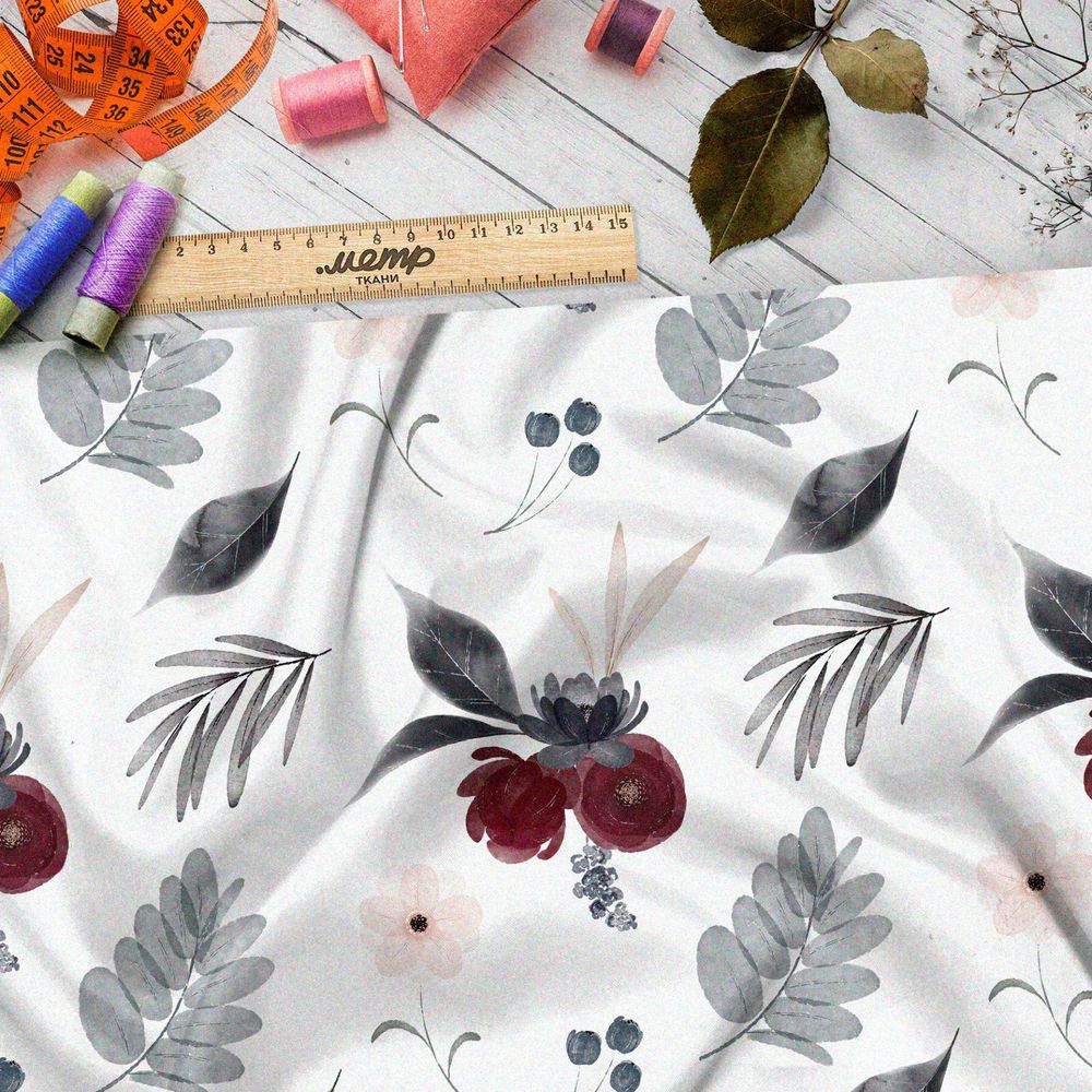 Ткань бифлекс бордовые розы с чёрными листьями на белом фоне