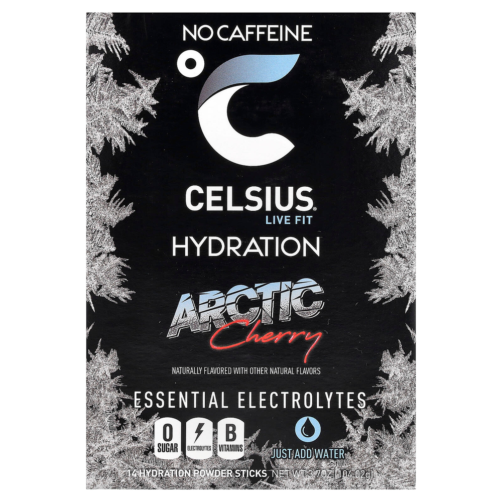 Celsius, Live Fit, увлажнение, незаменимые электролиты, без кофеина, арктическая вишня, 14 стиков в виде порошка, по 7,43 г (0,26 унции)