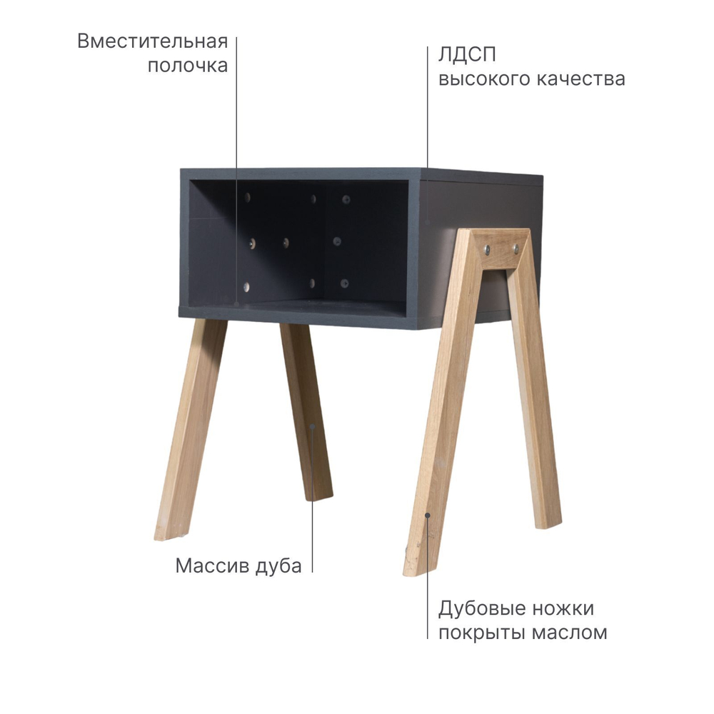 Тумба прикроватная Мунк в спальню и прихожую, с ножками из дуба, без ящика, черный