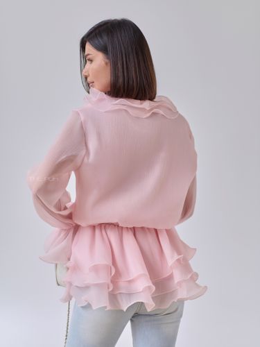 Розовое шифоновое платье-блузка с брошами