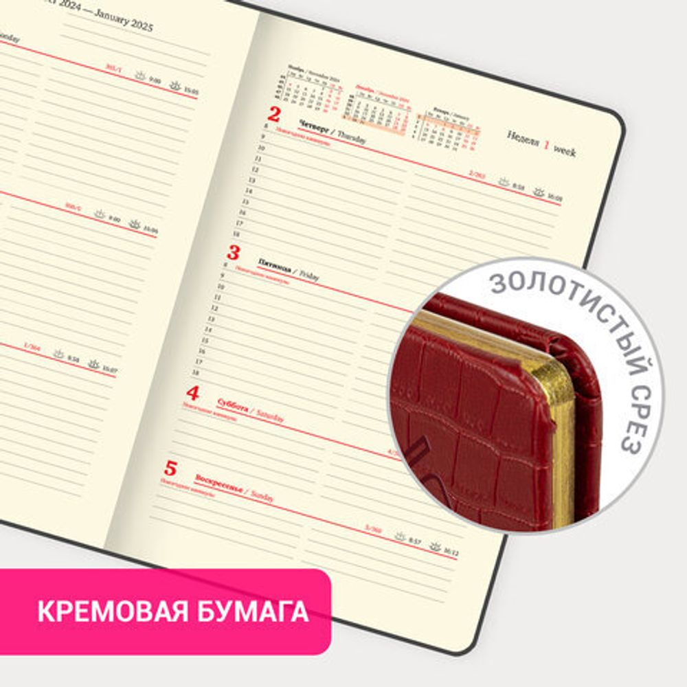 Еженедельник датированный 2025, А5, 145х215 мм, BRAUBERG "Comodo", под кожу, красный, 115958