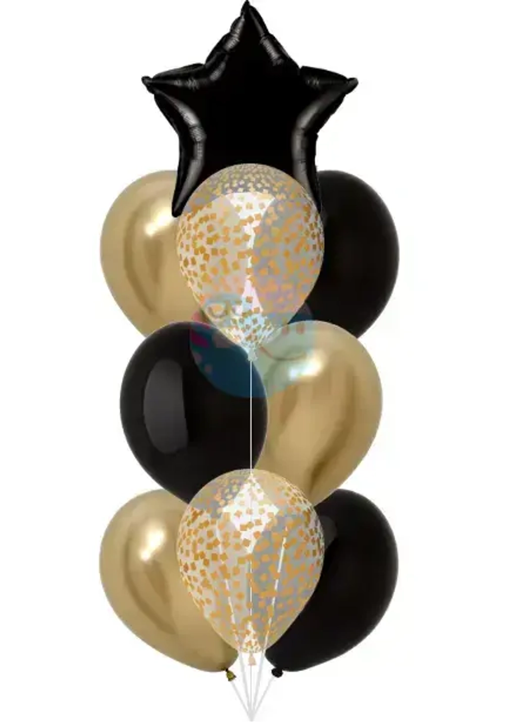 Фонтанчик «Чемпион» из 9 воздушных шаров с гелием (черный, золото)