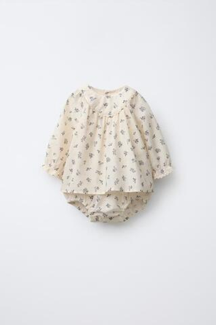 ZARA ПЛАТЬЕ-БОДИ С ЦВЕТОЧНЫМ ПРИНТОМ, ЭКРЮ