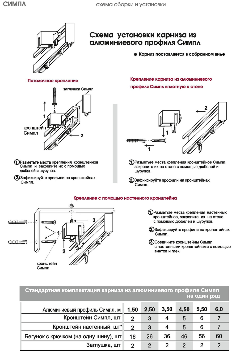 Карниз для штор профильный алюминиевый однорядный "Симпл" серебряный металлик, крепление потолок/стена