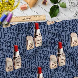 Ткань атлас красная помада на синем фоне с надписями