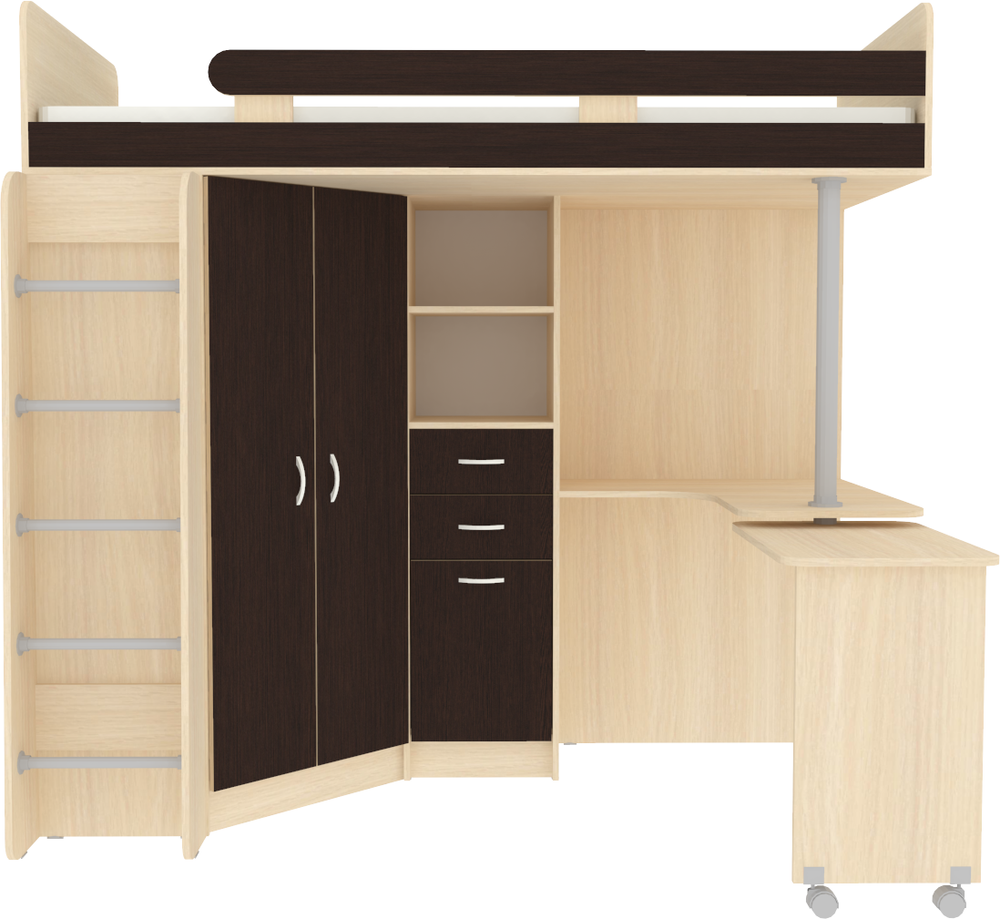 Кровать-чердак КарИВи Юниор 3 с металлической лестницей  Дуб Молочный Венге