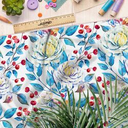 Ткань шелк Армани голубые цветки с белым соцветием