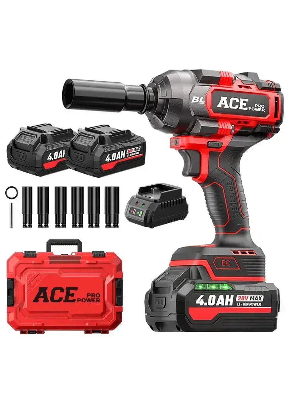 AcePower Гайковерт аккумуляторный бесщеточный 1200 Нм, 2 АКБ, профессиональный для автосервиса