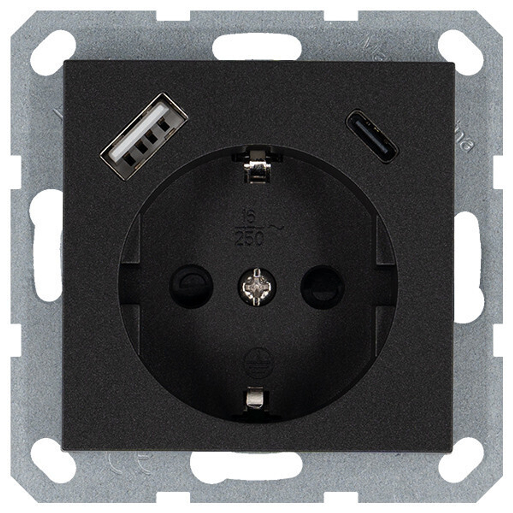 Розетка SCHUKO© с USB A+C с защитными шторками 16A 250V~ 2P+T USB 25W, цвет Антрацит