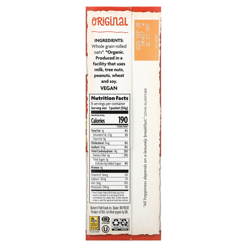 Nature's Path, Органическая овсянка быстрого приготовления, оригинальная, 8 пакетиков, 400 г (14 унций)