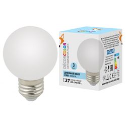 LED-G60-3W-6000K-E27-FR-С Лампа декоративная светодиодная. Форма шар. матовая. Дневной свет 6000K. Картон. ТМ Volpe.
