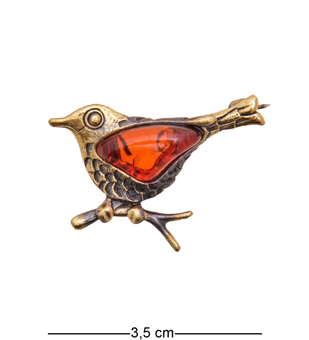 AM-3489 Брошь «Птица Кукушка» (латунь, янтарь)