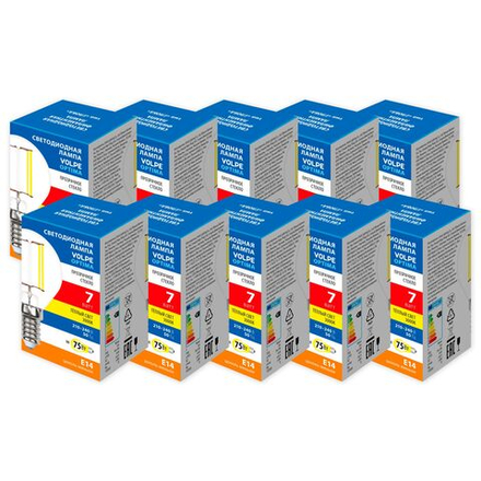 LED-G45-7W-3000K-E14-CL-SLF Набор из 10штук Лампа светодиодная. Форма шар. прозрачная. Серия Optima Филамент. Теплый белый свет 3000K. ТМ Volpe