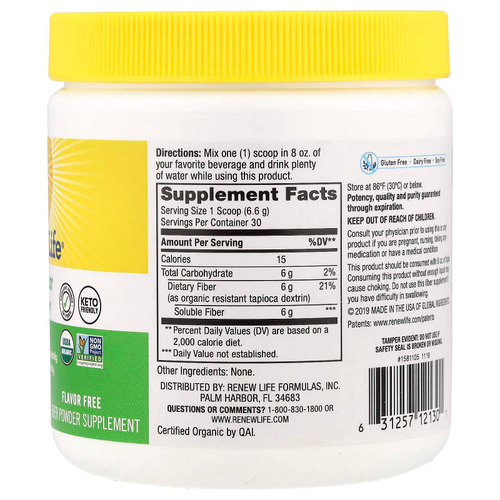 Renew Life, совершенно прозрачная органическая пребиотическая клетчатка, без вкусовых добавок, 198 г (7 унций)
