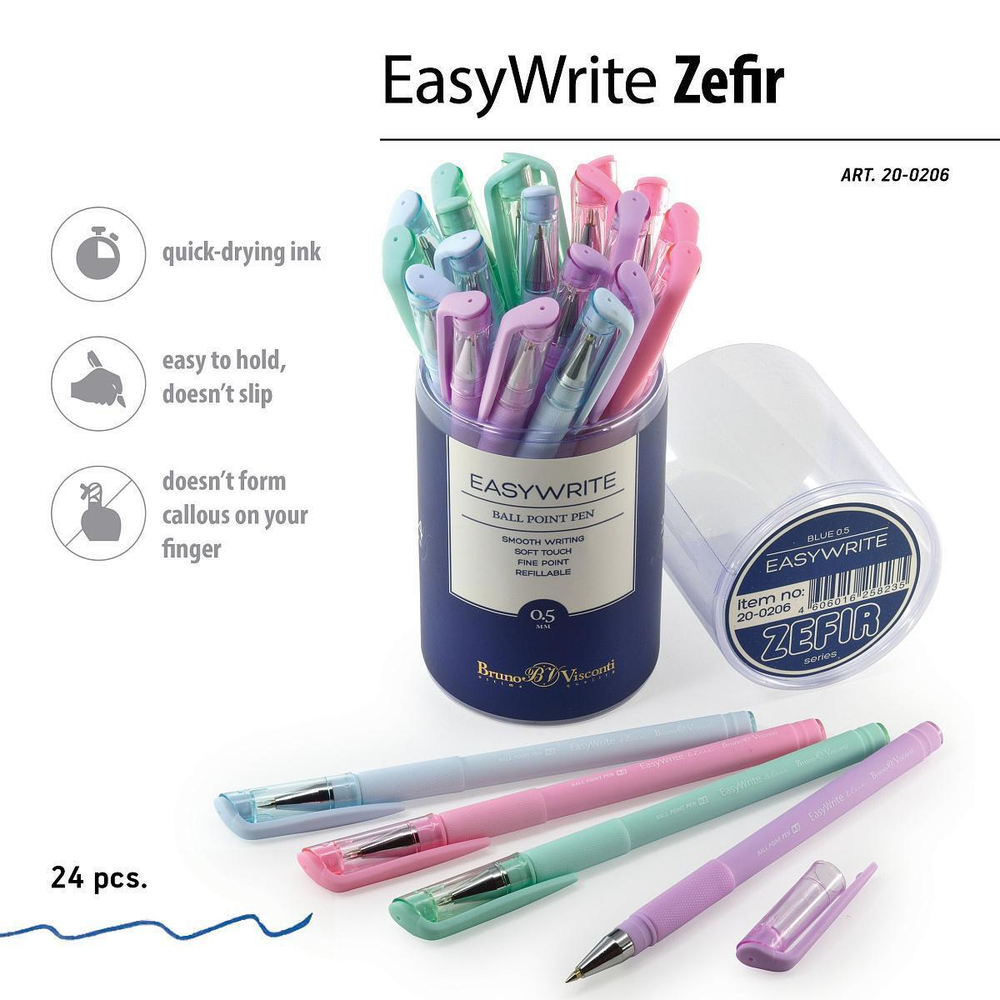 Ручка шарик. 0,5мм. синяя "EasyWrite Zefir" 4цв.корпуса (BrunoVisconti)