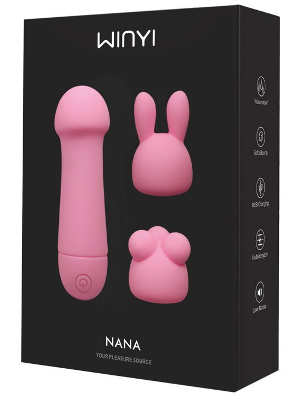 Нежно-розовый мини-вибратор Nana с 3 насадками - 10,6 см.