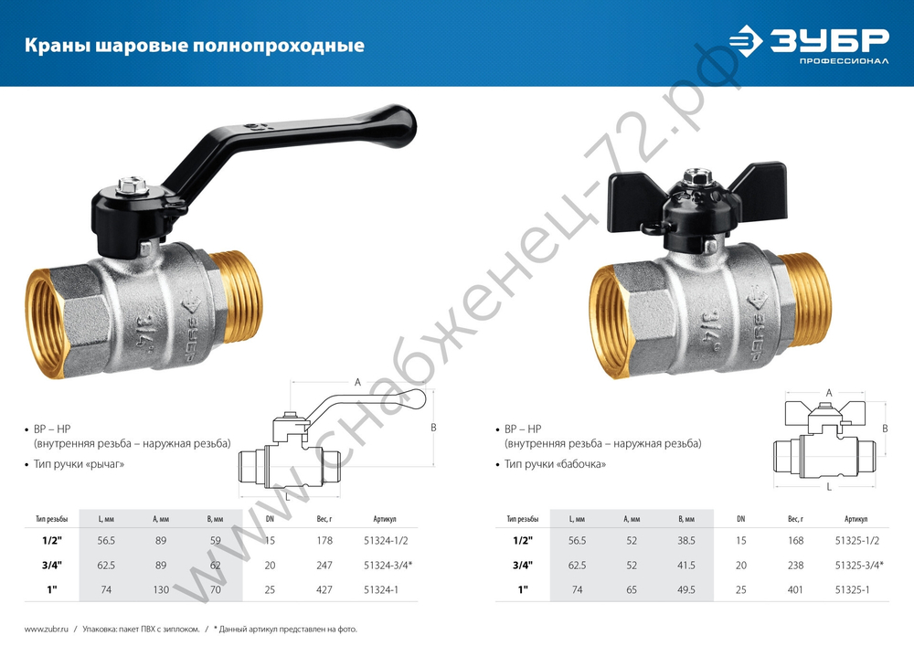 ЗУБР d 1/2″, ручка-рычаг, Шаровой кран (51324-1/2)