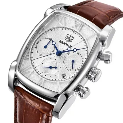 Часы наручные кварцевые BENYAR на кожаном ремешке, белый/коричневый W9791-01