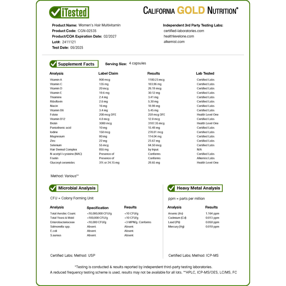 California Gold Nutrition, Beauty, женские мультивитамины для волос, 120 растительных капсул