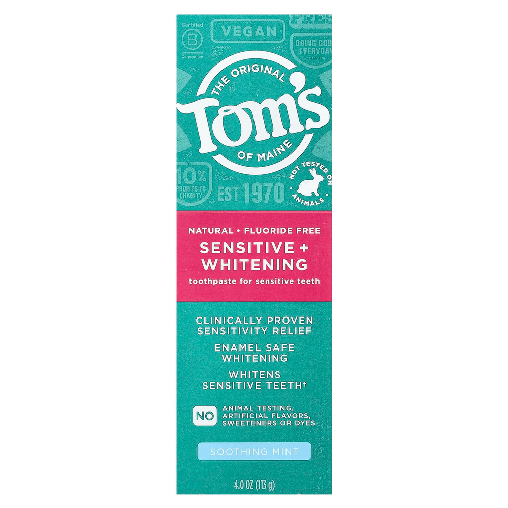 Tom's of Maine, Sensitive + Whitening, зубная паста для чувствительных зубов, без фтора, успокаивающая мята, 113 г (4 унции)