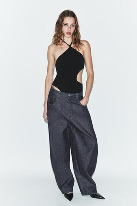 ZARA БОДИ ХАЛТЕР С ВЫРЕЗАМИ ИЗ ЭЛАСТИЧНОГО ТРИКОТАЖА, ЧЕРНЫЙ