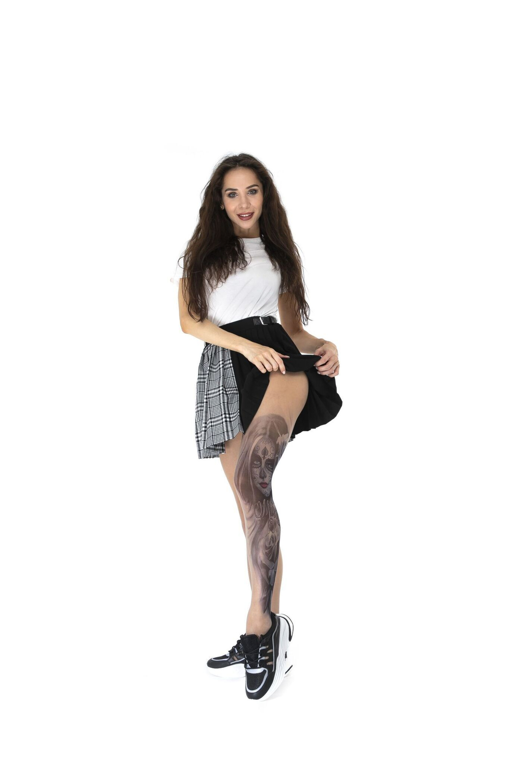 Колготки с крупным принтом-тату в виде девушки с макияжем калавера (Размер: S-M-L) (Цвет: бежевый)