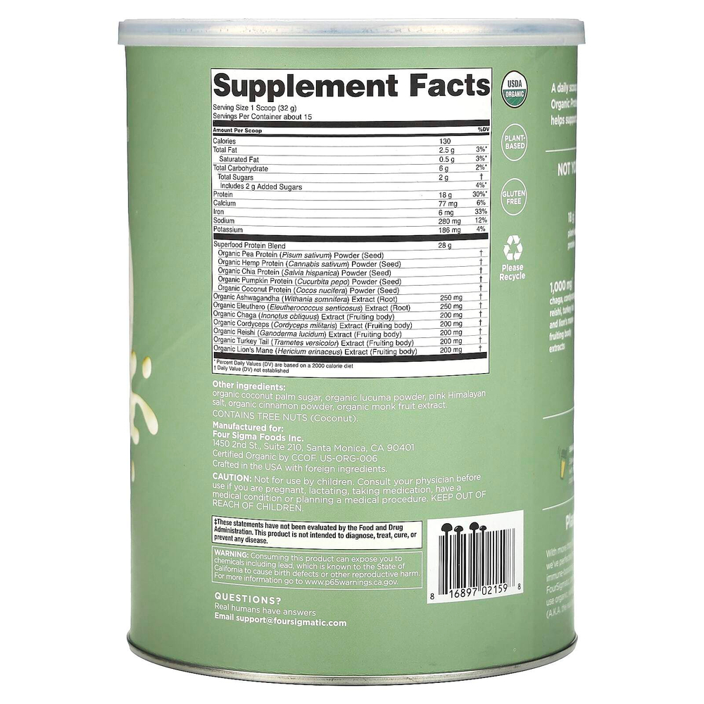 Four Sigmatic, Органический белок растительного происхождения с грибами и адаптогенами, без ароматизаторов, 1,06 фунта (16,9 унций) (480 г)