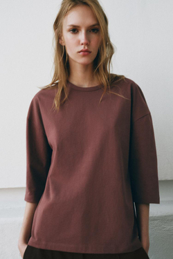 ZARA ФУТБОЛКА В СТИЛЕ РУСТИК С РУКАВАМИ ТРИ ЧЕТВЕРТИ, БАКЛАЖАННЫЙ