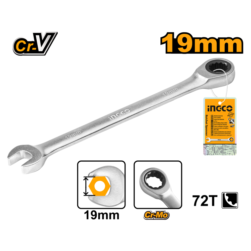 Ключ комбинированный трещоточный 19 мм INDUSTRIAL