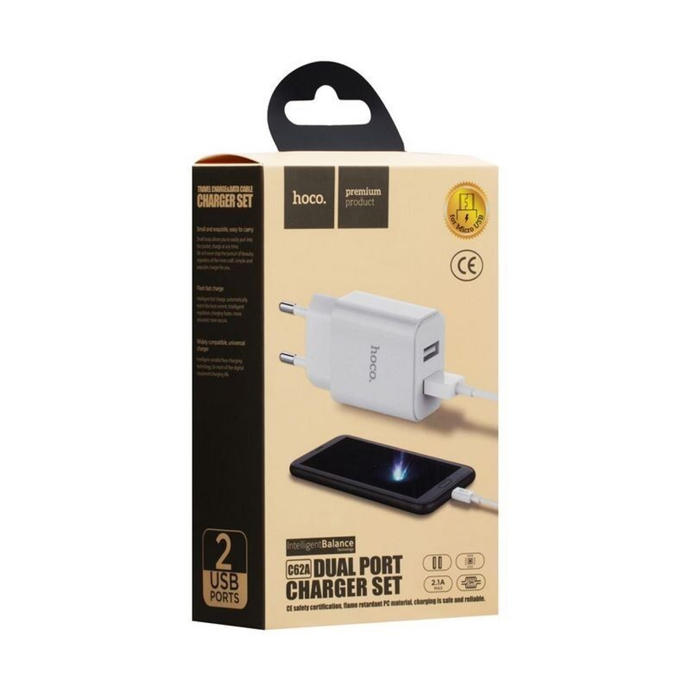 Сетевой адаптер питания HOCO C62A 2USB 2.1A + кабель Micro (белый)
