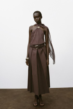 ZARA ЮБКА-КЛЕШ МИДИ С РЕМНЕМ, КОРИЧНЕВЫЙ