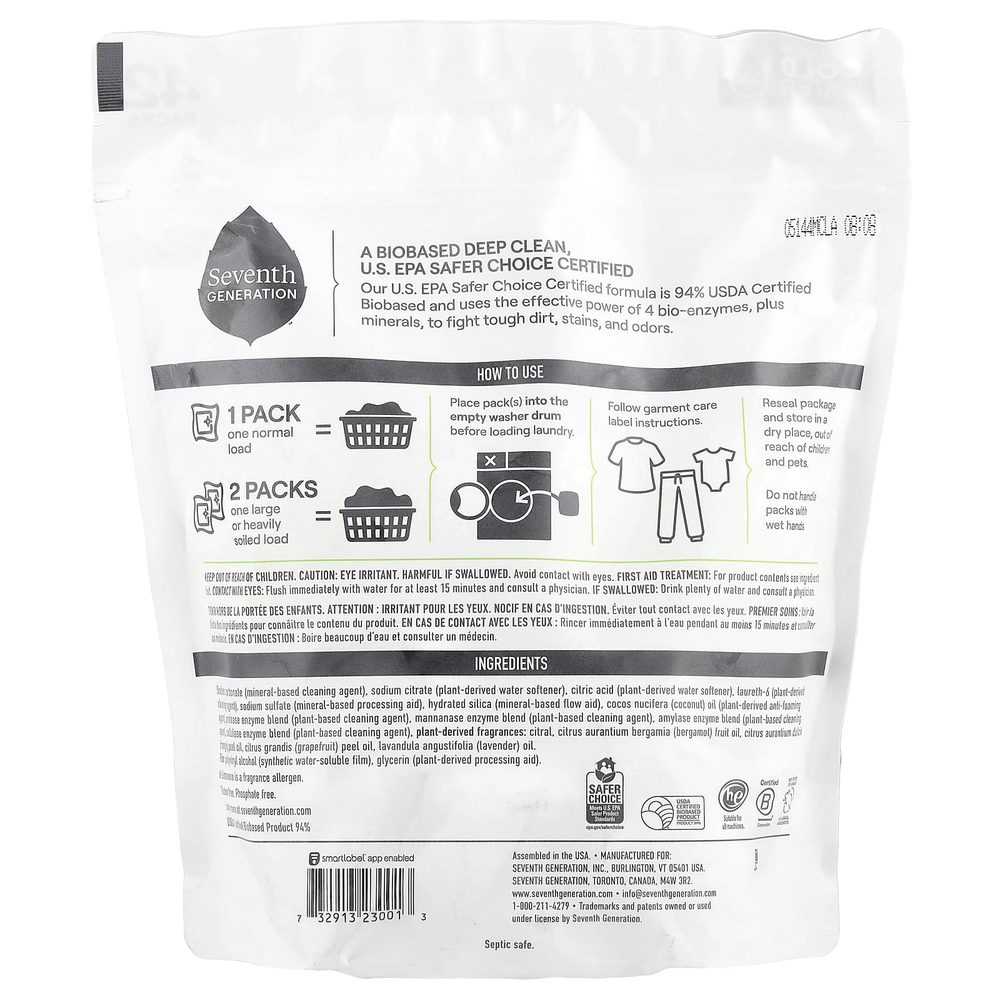 Seventh Generation, Пакеты с моющим средством для стирки, Ultra Power +, чистый аромат, 42 упаковки, 840 г (29,6 унции)