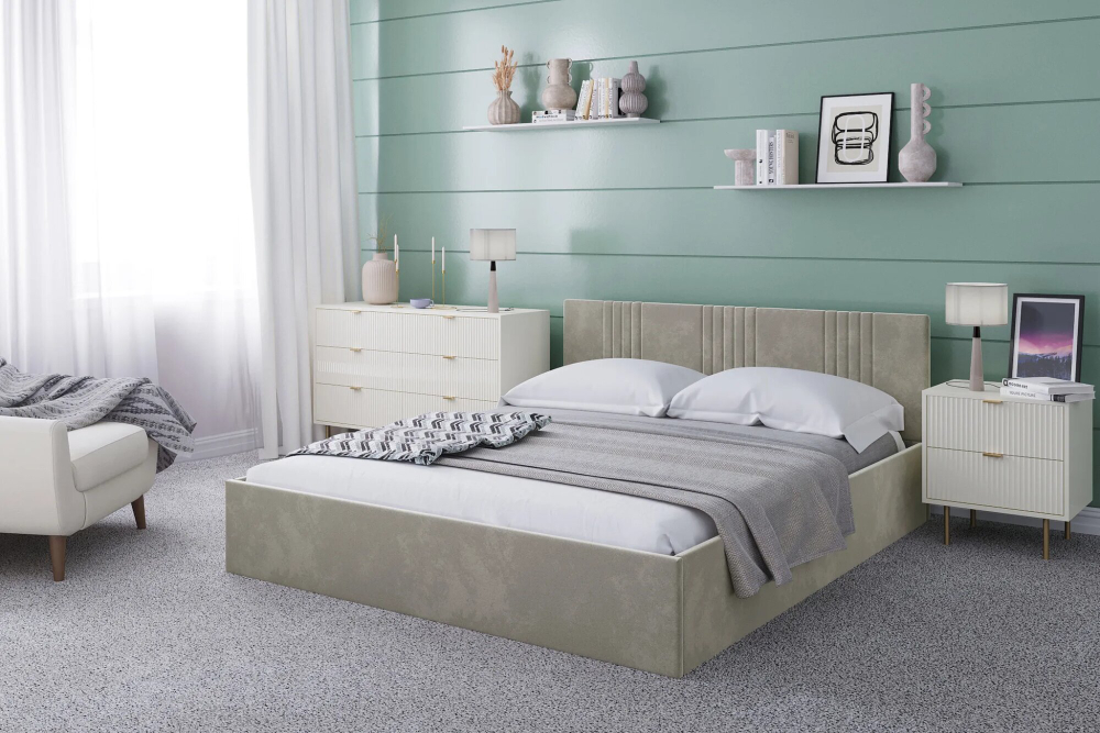 Кровать Моника с подъёмным механизмом 180х200, велюр, серо-бежевый