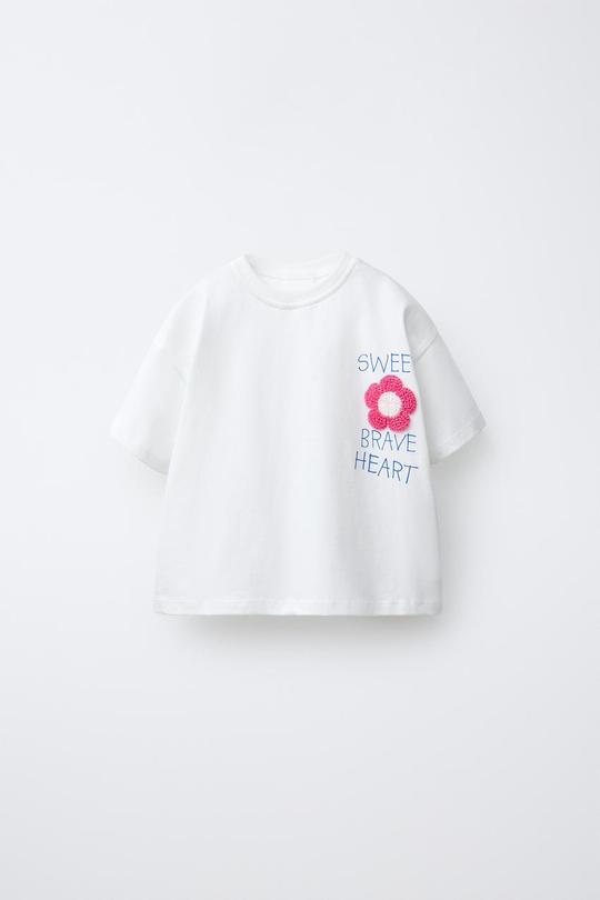 ZARA ФУТБОЛКА С ВЯЗАНЫМИ ЦВЕТАМИ КРЮЧКОМ, БЕЛЫЙ