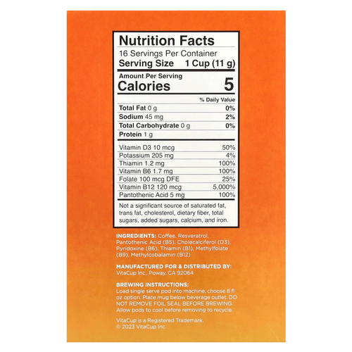 VitaCup, Energy Coffee, легкая обжарка, 16 чашек по 11 г (0,39 унции)